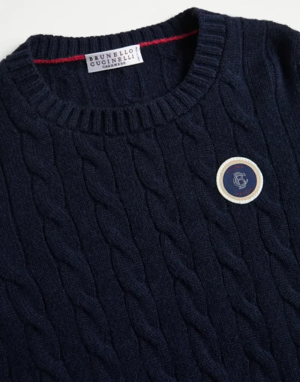 Maglieria-Brunello Cucinelli Maglia in cashmere a treccia con patch Blu Navy (C2425)