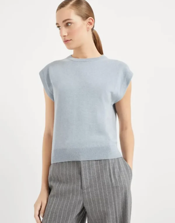 Maglieria-Brunello Cucinelli Maglia in cashmere con monile Denim Chiaro (C9640)