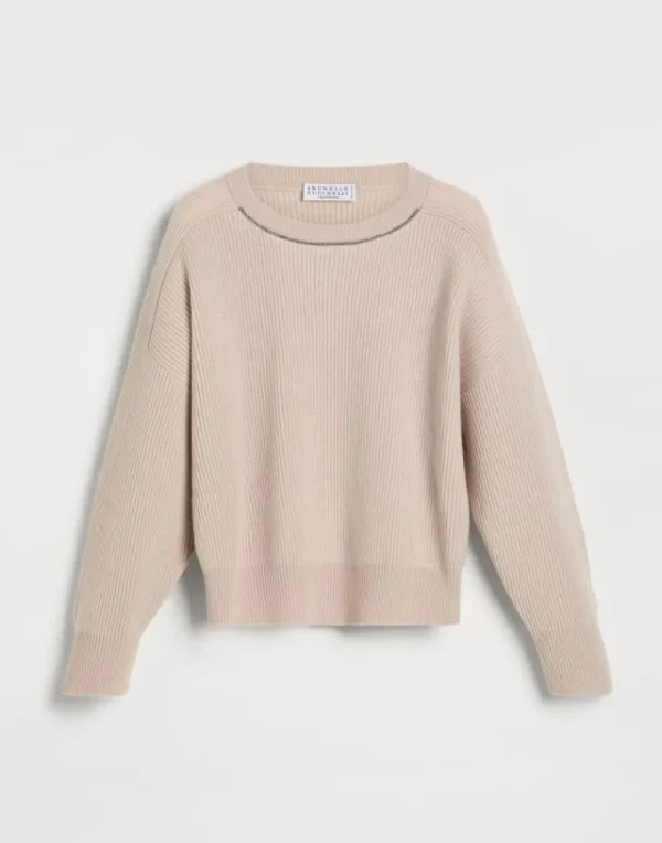 Maglieria-Brunello Cucinelli Maglia in cashmere costa inglese con monile Rosa (C9600)