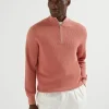 Maglieria-Brunello Cucinelli Maglia in cotone costa inglese con apertura zip e manica raglan Pompelmo Rosa (CDW78)