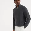 Maglieria-Brunello Cucinelli Maglia in cotone costa inglese con apertura zip e manica raglan Piombo (COY19)