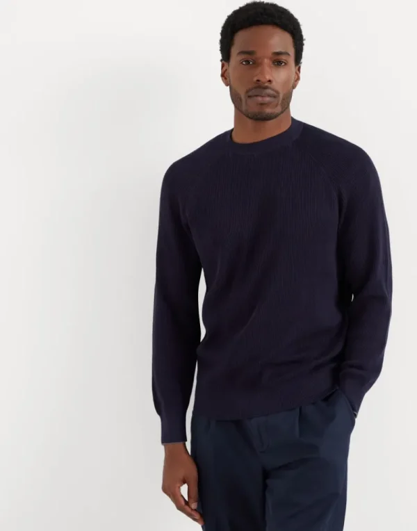 Maglieria-Brunello Cucinelli Maglia in cotone costa inglese con manica raglan Blu Navy (CW425)