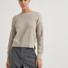 Maglieria-Brunello Cucinelli Maglia in cotone costa inglese con monile Beige (C9643)