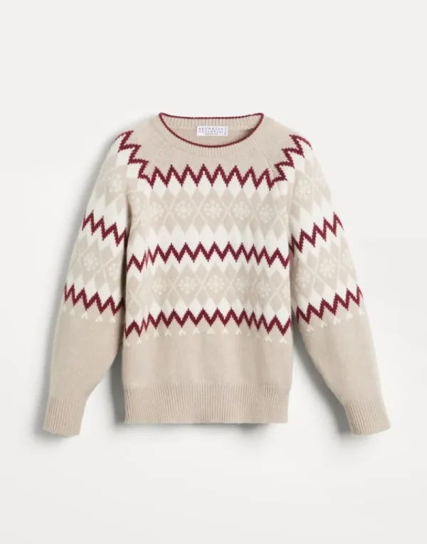 Maglieria-Brunello Cucinelli Maglia jacquard Snowflake Argyle in cashmere Beige (CWP79)