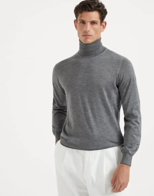 Maglieria-Brunello Cucinelli Maglia leggera collo alto in cashmere e seta Grigio Scuro (CG217)