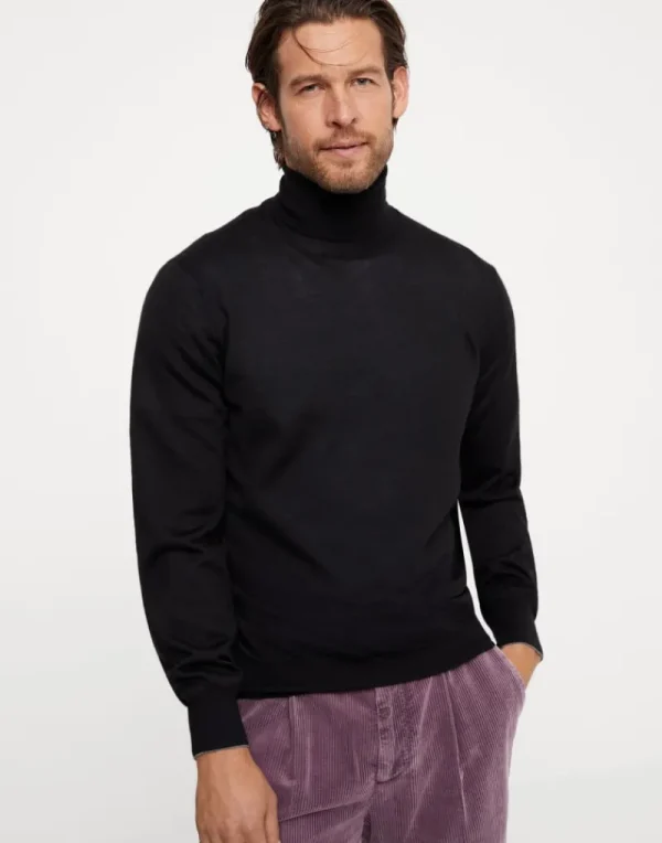 Maglieria-Brunello Cucinelli Maglia leggera collo alto in cashmere e seta Nero (CH101)