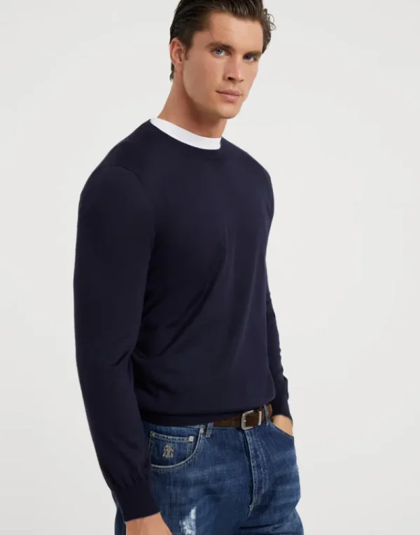 Maglieria-Brunello Cucinelli Maglia leggera girocollo in cashmere e seta Blu Navy (CW425)