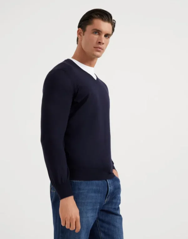 Maglieria-Brunello Cucinelli Maglia leggera in cashmere e seta Blu Navy (CW425)