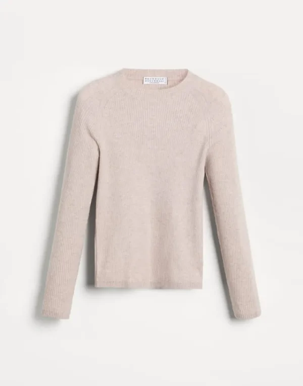 Maglieria-Brunello Cucinelli Maglia leggera in cashmere Sparkling a coste Beige (C9614)