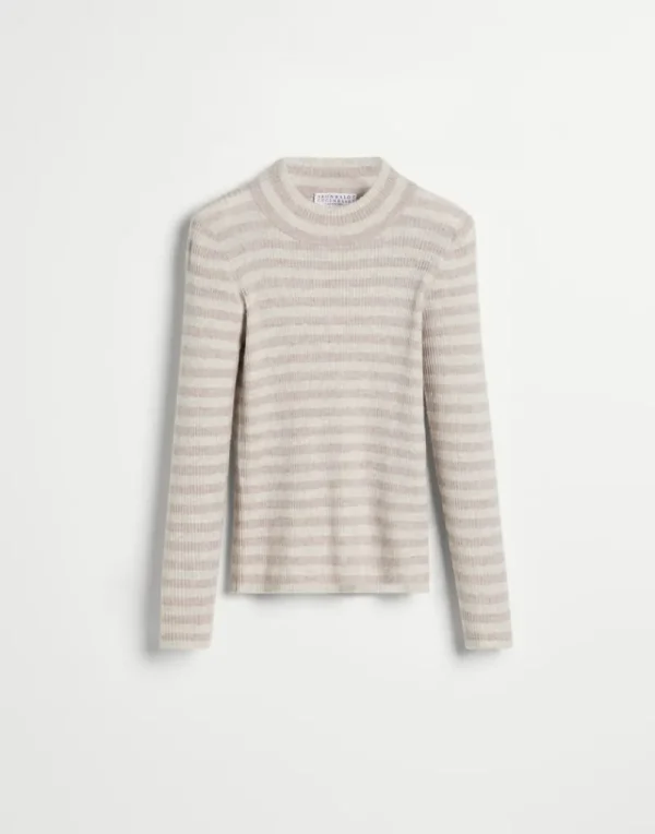 Maglieria-Brunello Cucinelli Maglia leggera in cashmere Sparkling rigato a coste Beige (CEW59)