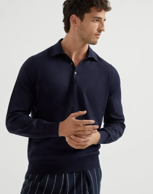 Maglieria-Brunello Cucinelli Maglia leggera stile polo in cotone Blu Navy (CW425)