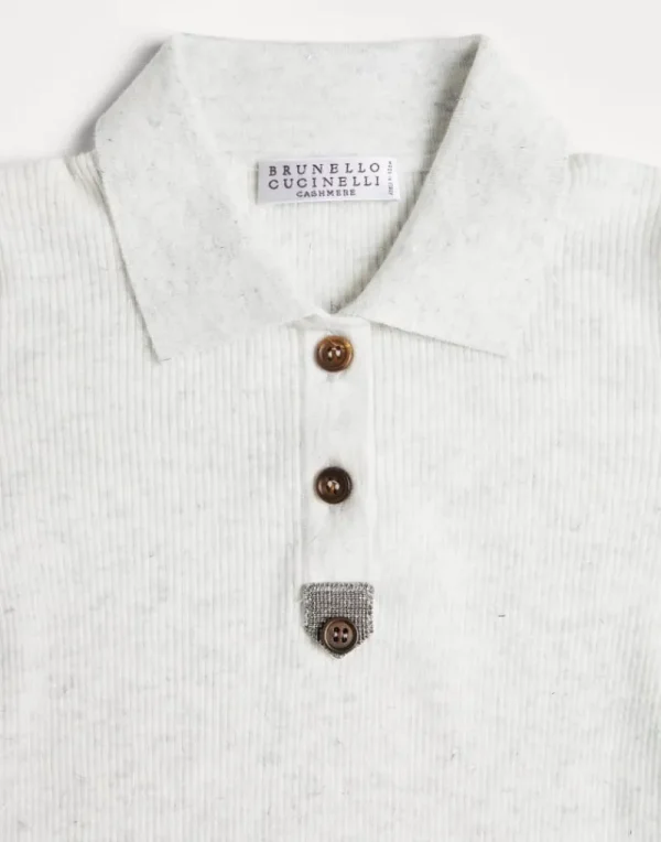 Maglieria-Brunello Cucinelli Maglia leggera stile polo in cashmere Sparkling a coste con monile Bianco (C159)