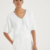 Maglieria-Brunello Cucinelli Maglia maniche corte in cotone costa inglese con Shiny Neckline Bianco (C159)