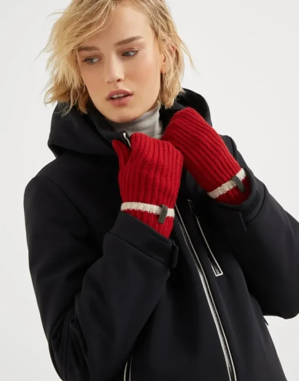 Altri Accessori-Brunello Cucinelli Muffole in maglia di cashmere costa inglese con monile Rosso (CKC24)