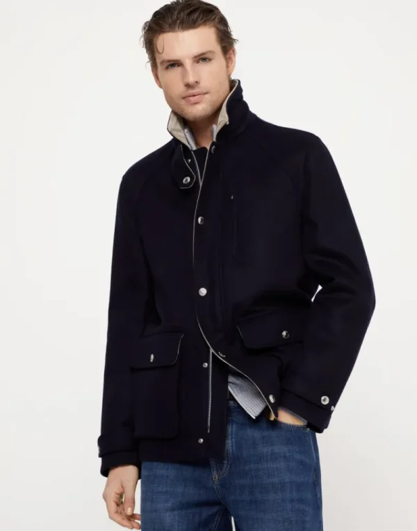 Capospalla-Brunello Cucinelli Outerwear in beaver double di lana con inserti in velluto a coste Blu Navy (CO152)