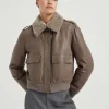 Capospalla-Brunello Cucinelli Outerwear in nappa Country con imbottitura, collo in shearling staccabile e monile Fango (C1099)