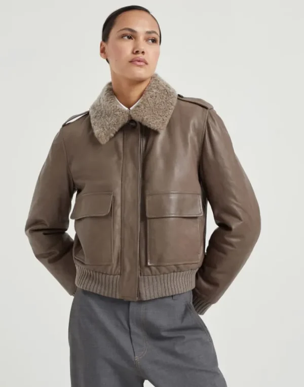 Capospalla-Brunello Cucinelli Outerwear in nappa Country con imbottitura, collo in shearling staccabile e monile Fango (C1099)