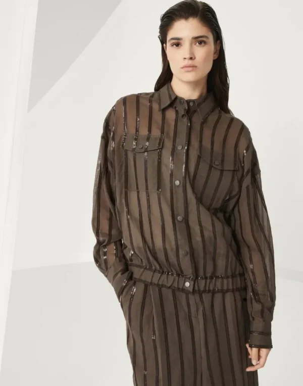 Event Dressing | Capospalla-Brunello Cucinelli Outerwear in organza di cotone con Dazzling Stripe Embroidery Cioccolato (C8705)