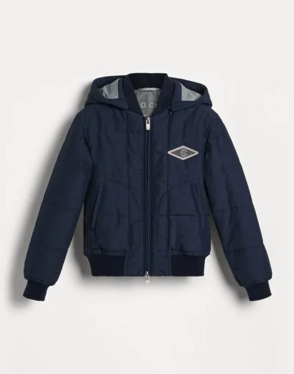 Capospalla-Brunello Cucinelli Outerwear in popeline di lana vergine e seta techno con imbottitura in Thermore®, cappuccio staccabile e patch Blu (CNP59)