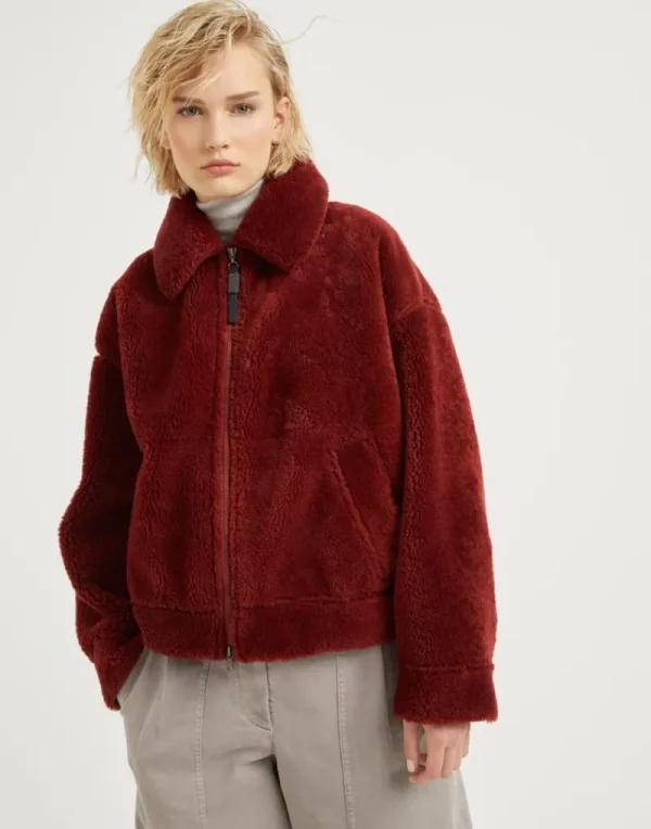 Capospalla-Brunello Cucinelli Outerwear in shearling Curly con Shiny Zipper Pull Rubino (C7493)