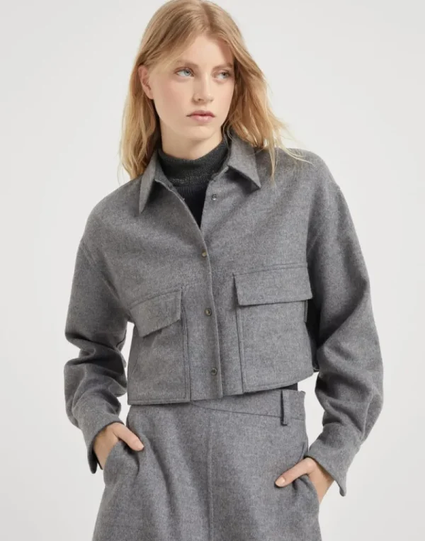 Capospalla-Brunello Cucinelli Outerwear stile camicia crop in panno double di lana vergine con Shiny Tab Grigio Medio (C6081)