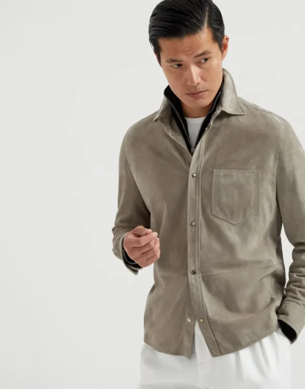 Capospalla-Brunello Cucinelli Overshirt in camoscio double face Khaki (C8087)