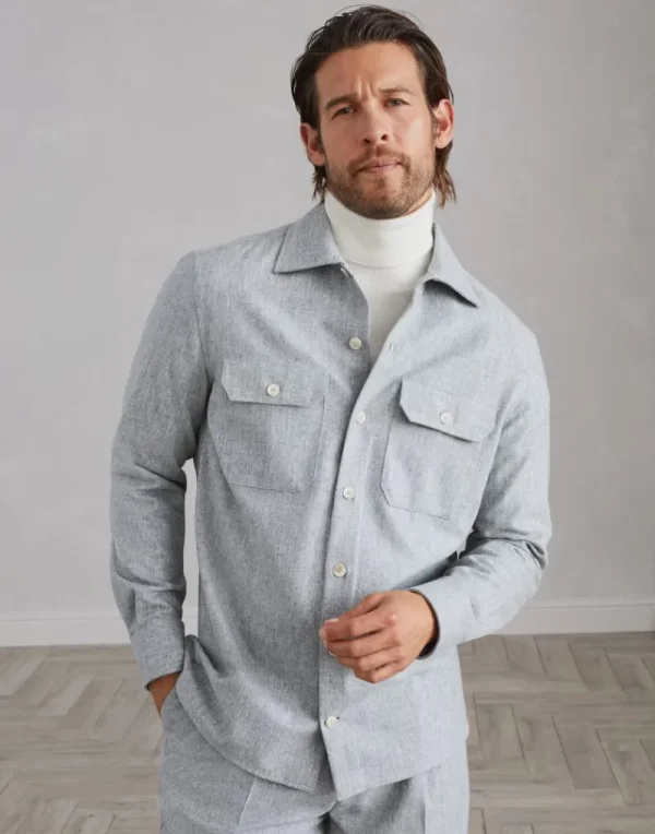 Camicie-Brunello Cucinelli Overshirt in flanella di lana vergine con taschini Grigio Perla (C511)