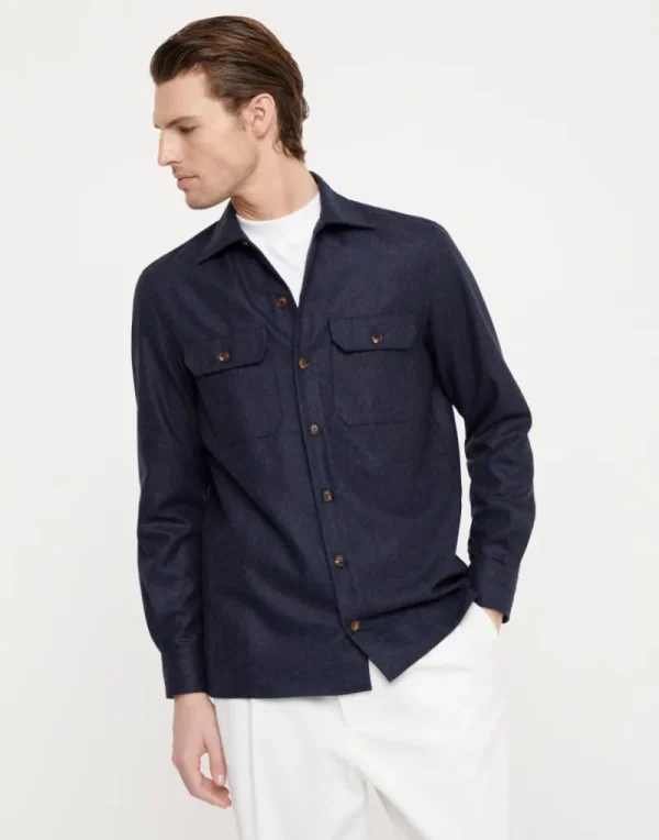 Camicie-Brunello Cucinelli Overshirt in flanella di lana vergine con taschini Notte (C532)