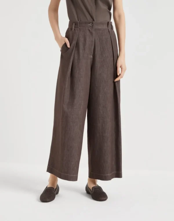 Pantaloni-Brunello Cucinelli Pantalone A-line Pleated in twill effetto denim con Shiny Loop Cioccolato (C003)