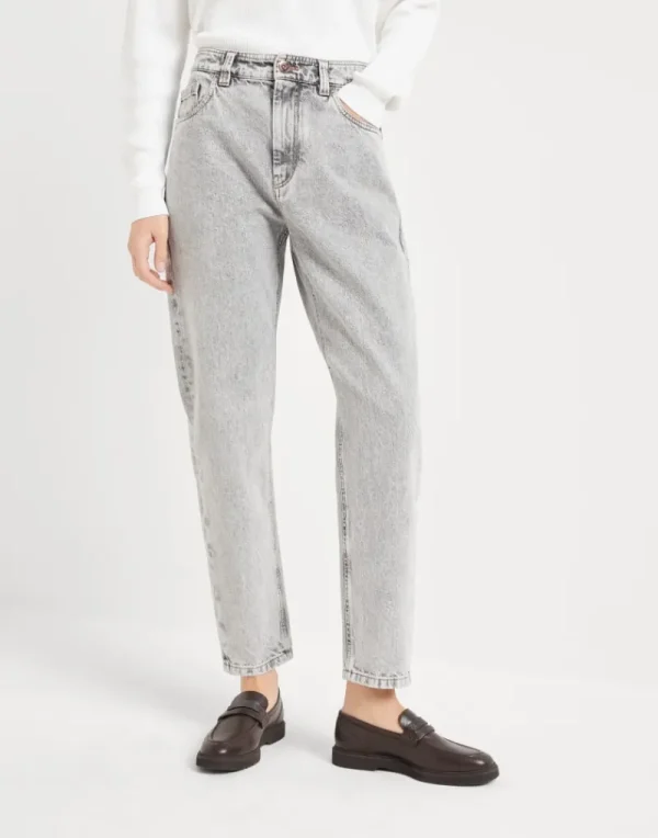 Denim-Brunello Cucinelli Pantalone Baggy in denim Authentic con Shiny Tab Grigio Chiaro (C8995)