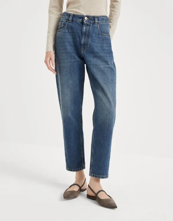 Denim-Brunello Cucinelli Pantalone Baggy in denim Authentic con Shiny Tab Denim Scuro (C8349)