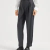 Pantaloni-Brunello Cucinelli Pantalone Baggy Sartorial in flanella di lana vergine Grigio Scuro (C004)