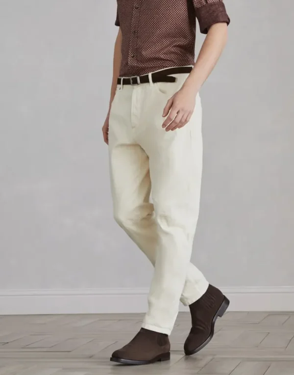 Denim-Brunello Cucinelli Pantalone cinque tasche leisure fit in denim fiammato tinto capo con rotture Off-White (C6094)