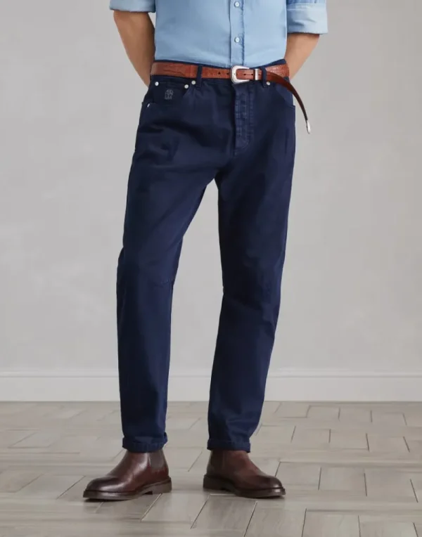 Denim-Brunello Cucinelli Pantalone cinque tasche leisure fit in denim fiammato tinto capo con rotture Blu Navy (C7193)