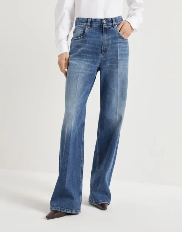 Denim-Brunello Cucinelli Pantalone cinque tasche Loose in denim di cotone comfort con Shiny Tab Denim Scuro (C8986)