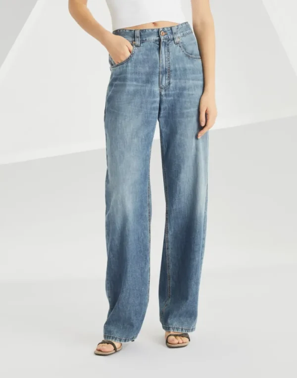 Denim-Brunello Cucinelli Pantalone Contemporary Loose in denim leggero Denim Medio (C8982)