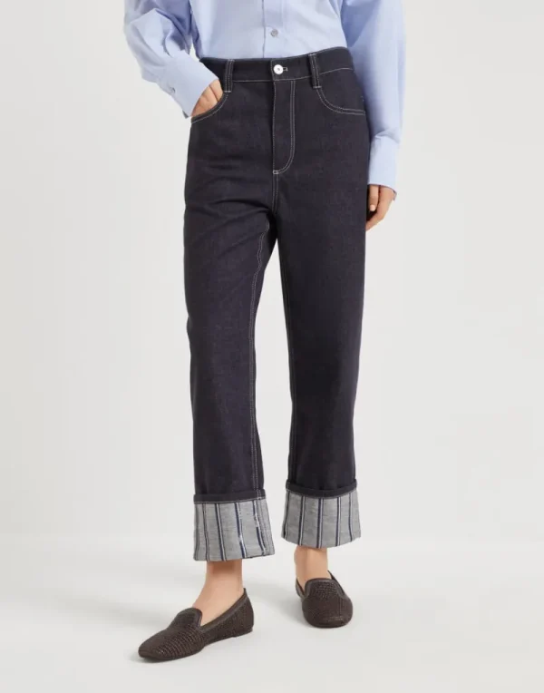 Denim-Brunello Cucinelli Pantalone Crop in denim no fade con Dazzling Regimental Embroidery Denim Scuro (C001)