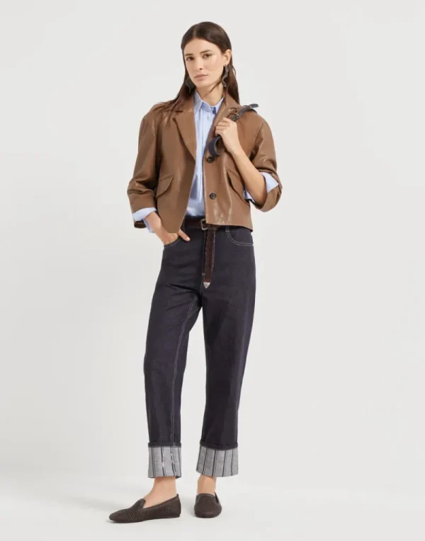 Denim-Brunello Cucinelli Pantalone Crop in denim no fade con Dazzling Regimental Embroidery Denim Scuro (C001)