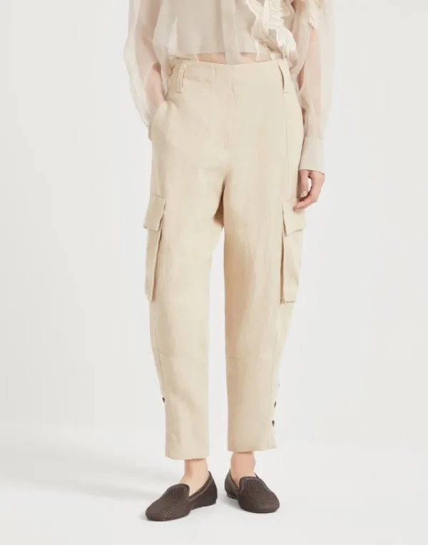 Pantaloni-Brunello Cucinelli Pantalone Explorer Cargo in panama di lino Beige (C010)