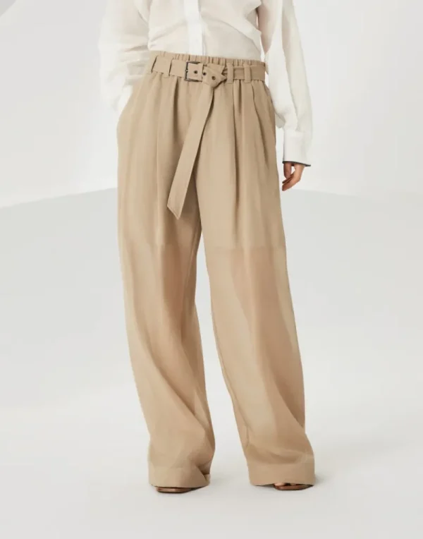 Pantaloni-Brunello Cucinelli Pantalone Explorer Track in organza di cotone con monile Beige (C8690)