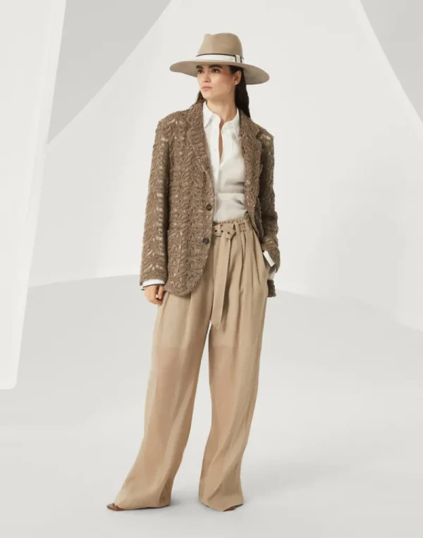 Pantaloni-Brunello Cucinelli Pantalone Explorer Track in organza di cotone con monile Beige (C8690)