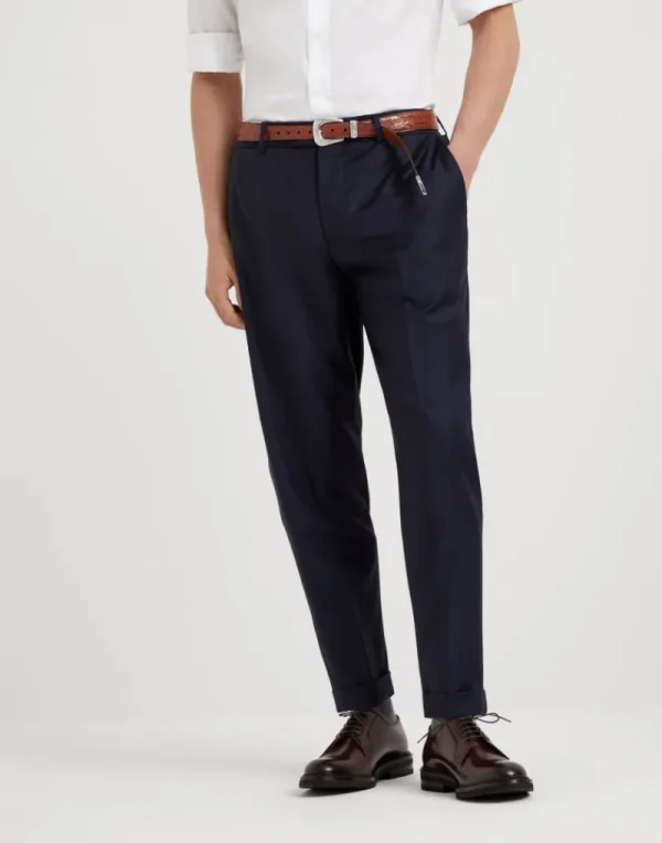 Pantaloni-Brunello Cucinelli Pantalone formal fit in batavia Four Season di lana vergine 150'S Blu Navy (CMC01)