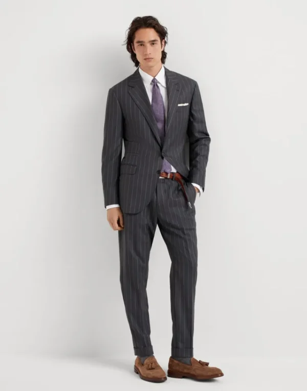 Pantaloni-Brunello Cucinelli Pantalone formal fit in batavia gessato largo di lana vergine 150's Grigio (C002)