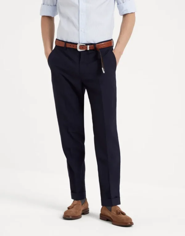 Pantaloni-Brunello Cucinelli Pantalone formal fit in tela leggera di lana vergine e seta 150's Blu Navy (CF735)