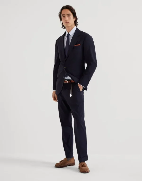 Pantaloni-Brunello Cucinelli Pantalone formal fit in tela leggera di lana vergine e seta 150's Blu Navy (CF735)