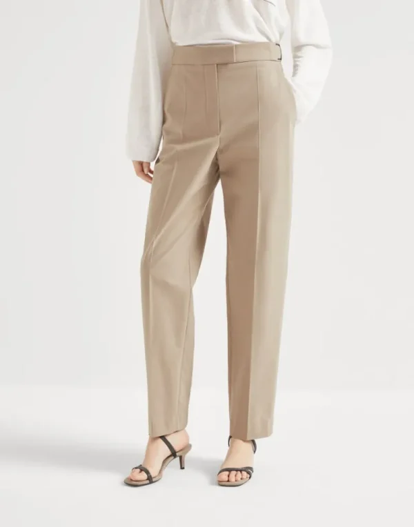 Pantaloni-Brunello Cucinelli Pantalone High Waist Cigarette in twill di cotone ritorto stretch con Shiny Details Beige (C8704)