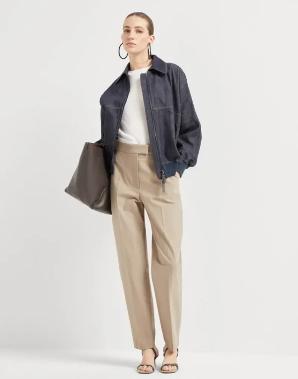 Pantaloni-Brunello Cucinelli Pantalone High Waist Cigarette in twill di cotone ritorto stretch con Shiny Details Beige (C8704)