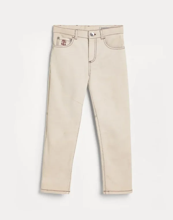 Pantaloni-Brunello Cucinelli Pantalone in denim leggero tinto comfort con cuciture in contrasto Crema (C6233)