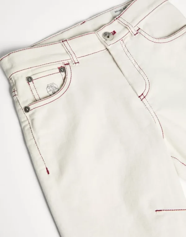 Pantaloni-Brunello Cucinelli Pantalone in denim leggero tinto comfort con cuciture in contrasto Latte (C6094)