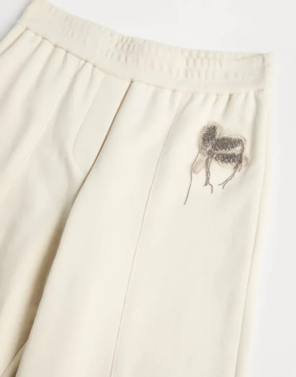 Travelwear-Brunello Cucinelli Pantalone in felpa Smooth di cotone con Precious Flower Crest Crema (C1777)